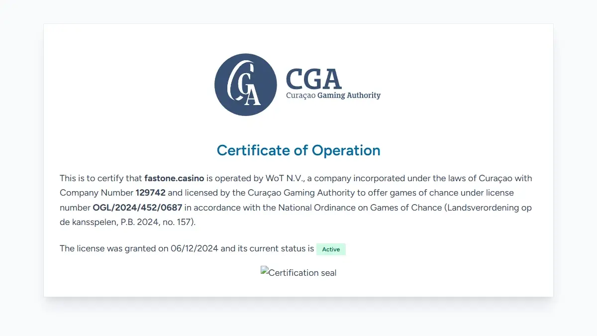 Certyfikat Curaçao Gaming Authority dla fastone.casino